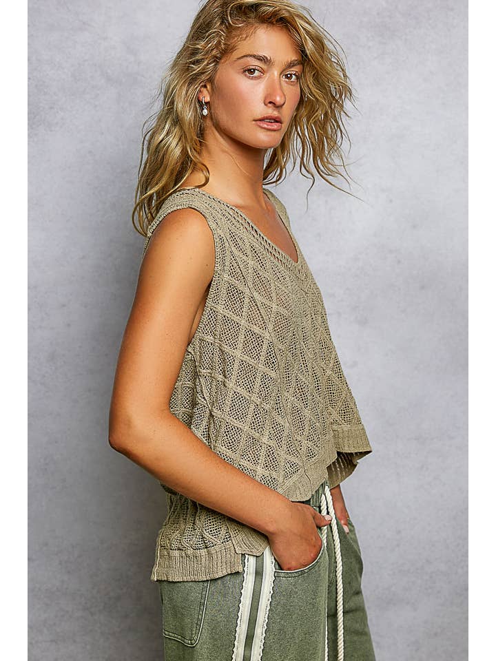 Pol Clothing - Wholesale Knit Top - Women's - V-neck Diamond Weave Crochet Sleeveless Knit Top 7