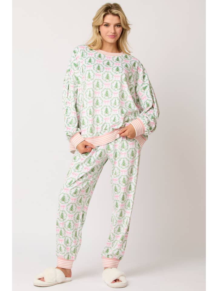 IVORY LT GREEN PINK Christmas Tree & Bow Prints Loungewear Top for wholesale on Faire