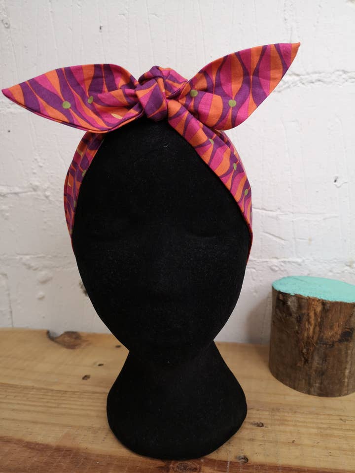 Purple pink geometric shapes 50s atomic head scarf hair for wholesale by Aye Aye