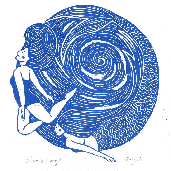 Prints by the Bay - Vente Affiche d'art - Siren's Song, imprimé riso, sirène, folklore, natation, nature1