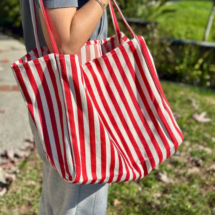 Red & Cream Striped Tote Bag, Large Shoulder Bag, Beach Bag, Summer Market Bag, Casual Everyday Tote, Travel Bag, Boho Striped Handbag, Gift for Her for wholesale by Plant Scouts