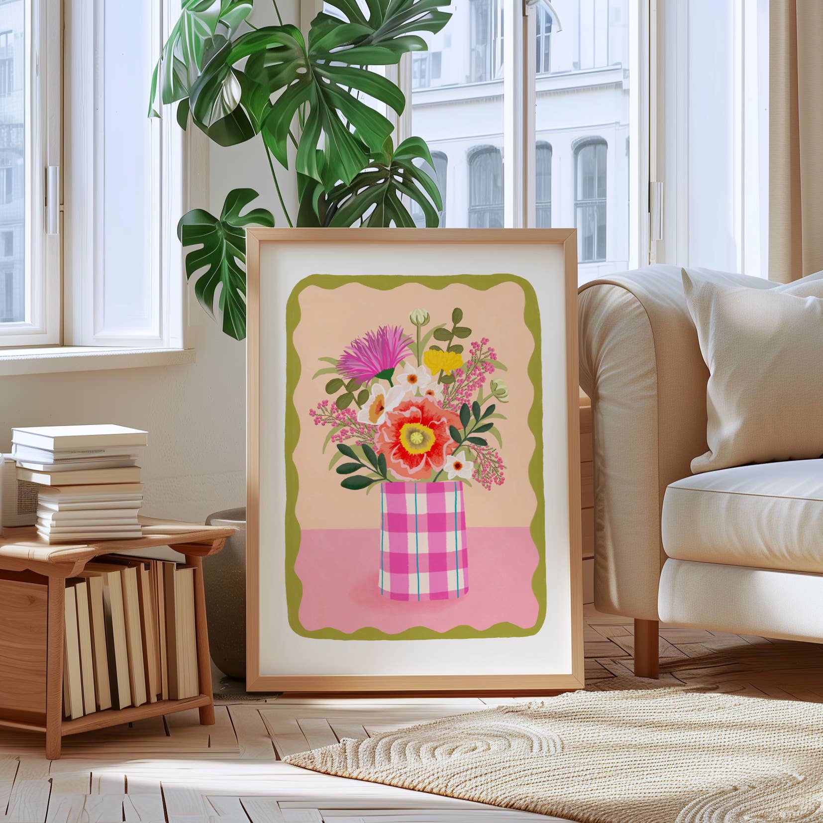 Natalie Lea Owen – Handmade Jewellery & Greeting Cards - Wholesale Art Print - Flowers in Gingham Vase Print | Pink, Hand-drawn, Cute Art4