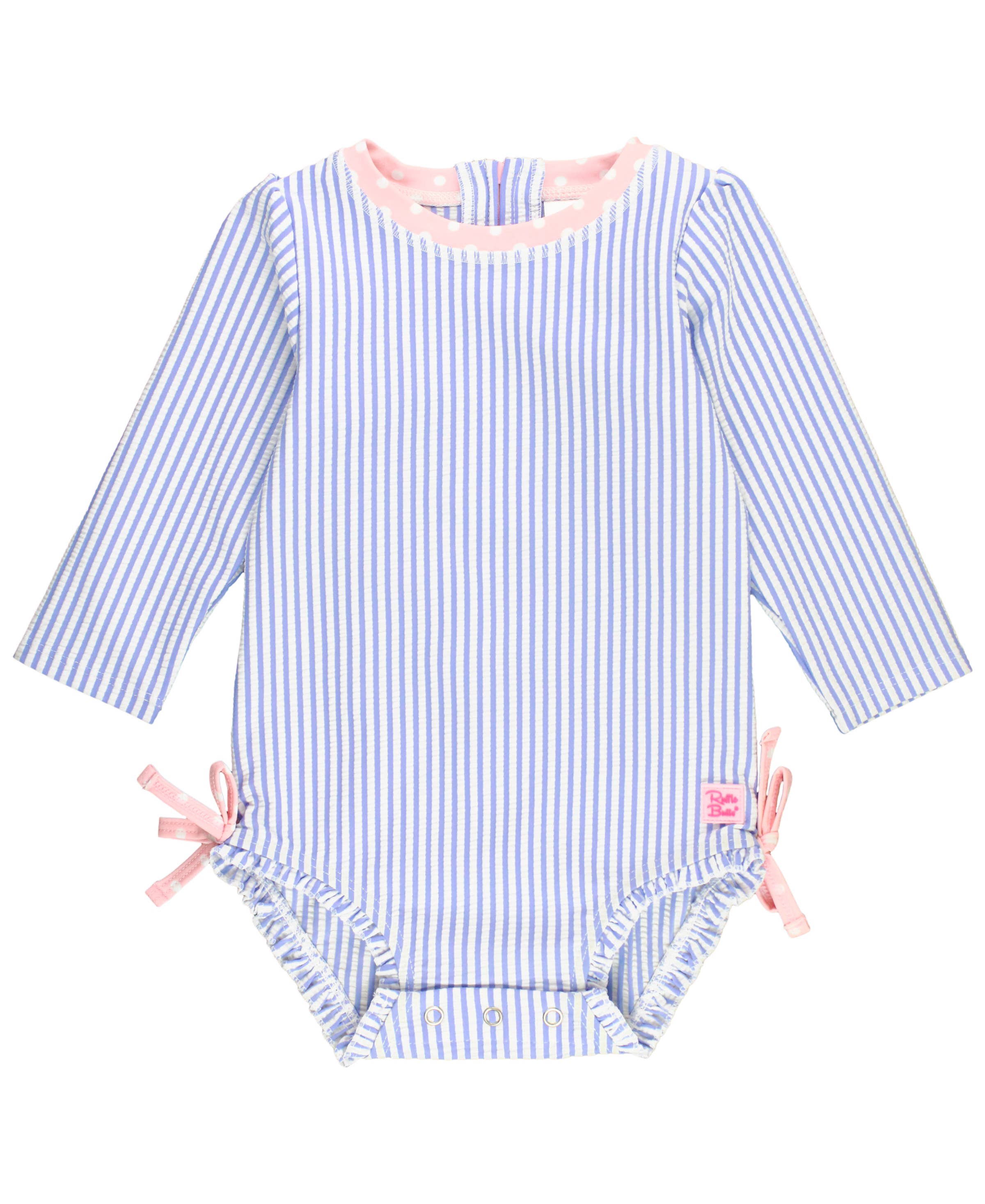 RuffleButts + RuggedButts - Wholesale Rashguard - Baby - Baby Girls Periwinkle Blue Seersucker Long Sleeve One Piece Rash Guard Swimsuit with Signature Rear Ruffles0