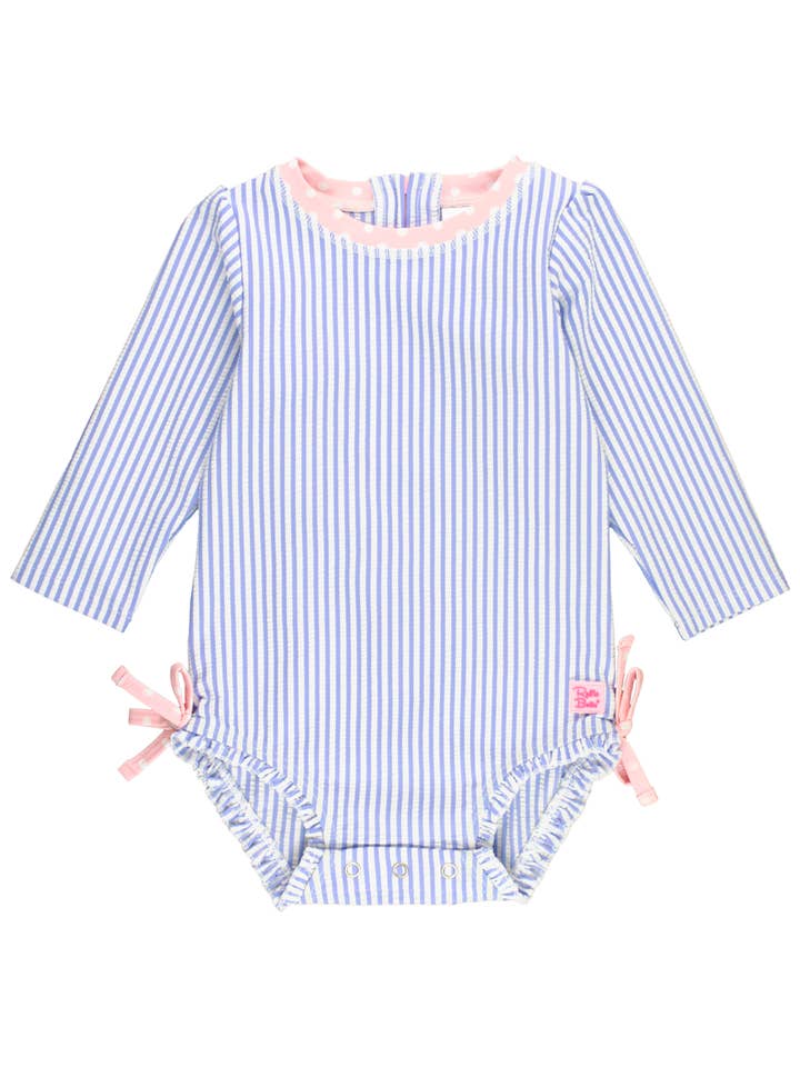 RuffleButts + RuggedButts - Wholesale Rashguard - Baby - Baby Girls Periwinkle Blue Seersucker Long Sleeve One Piece Rash Guard Swimsuit with Signature Rear Ruffles