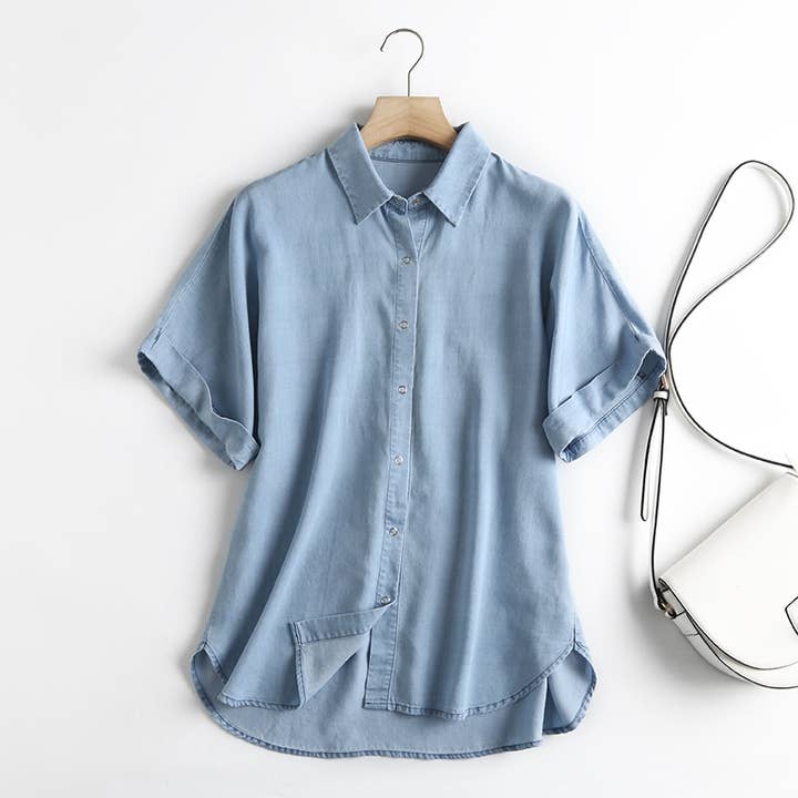 Whisper Mint – wholesale Tröja med knappar – Dam – Vintage Tencel Bomullströjor Kortärmad