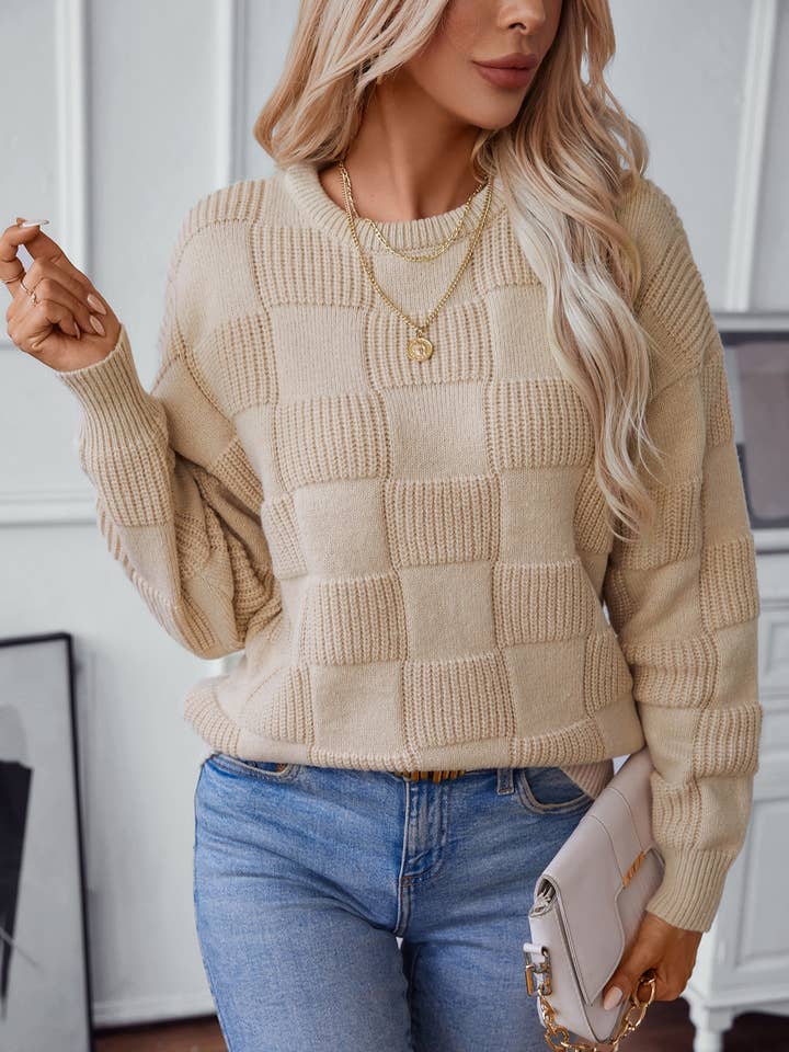 Rosa Clothing - Wholesale Knit Sweater - Women's - Minimalist Checked Crewneck Sweater