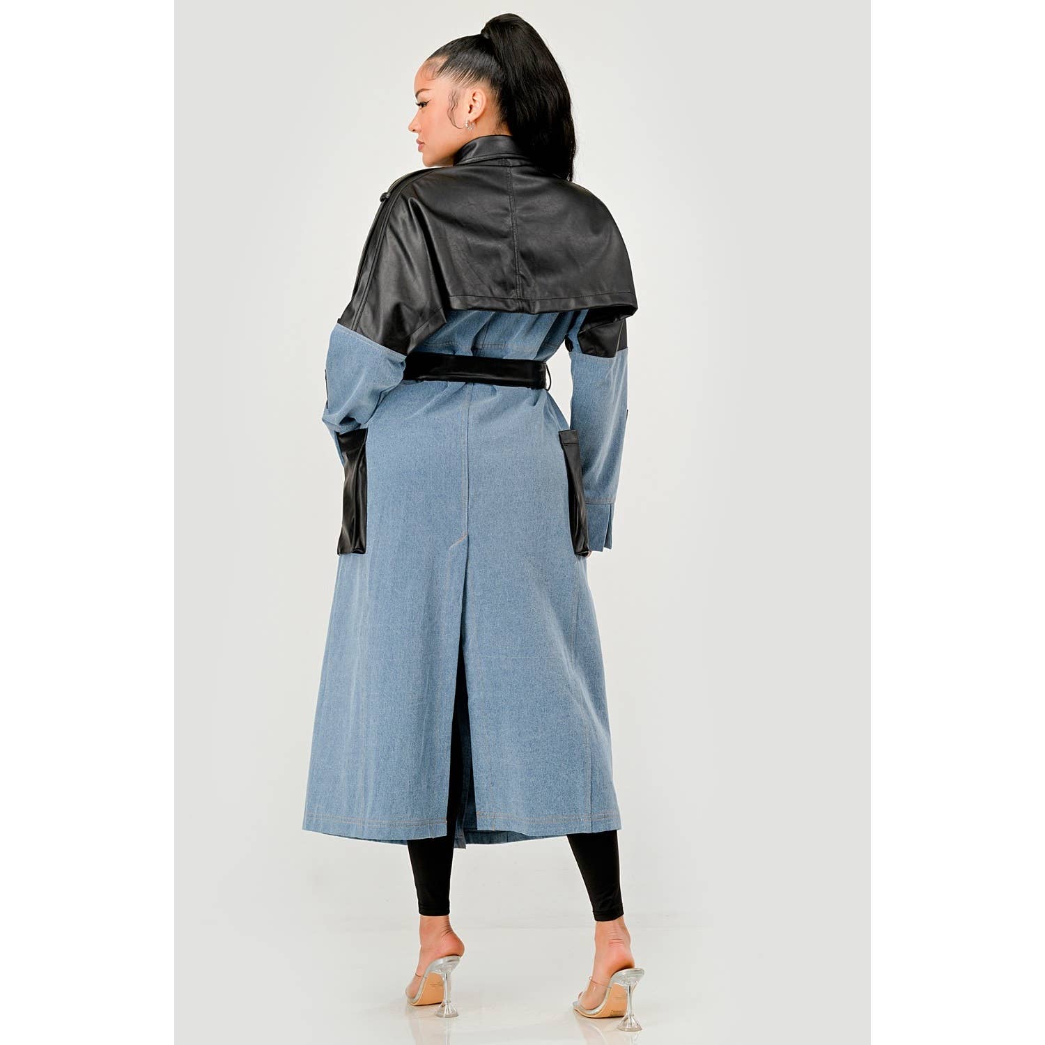 DENIM Trench-coat en denim bicolore et simili cuir en vente sur Faire6
