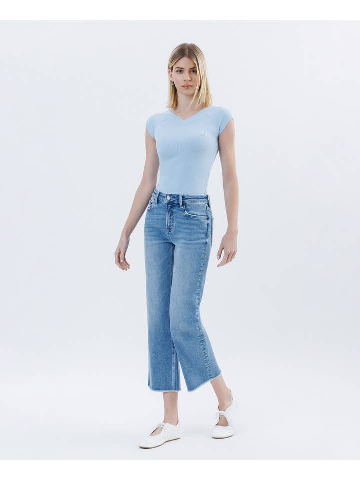 SENSATIONAL HIGH RISE RAW HEM CROP SLIM WIDE LEG JEANS LV1687 for wholesale on Faire