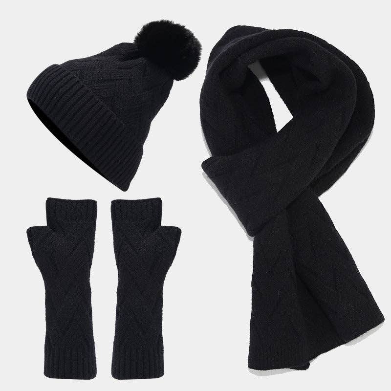 Dipped Shop - Wholesale Winter Accessory Set - Women's - 3PCS Solid Color Twist Hat & Scarf Sets DPHS03440