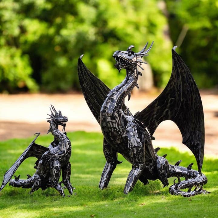 Handcrafted Iron Dragon Sculpture – Rustic Fantasy Garden Art for wholesale by Artisan Metal Art INC