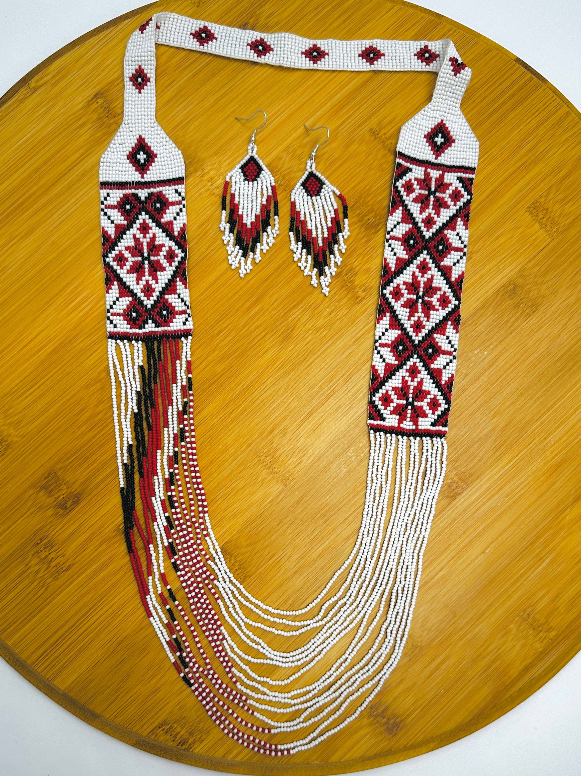 BEADS CORNER - Wholesale Jewelry Set - Handmade Beaded Necklace and Earring Set – Red, White & Black Tribal Pattern3