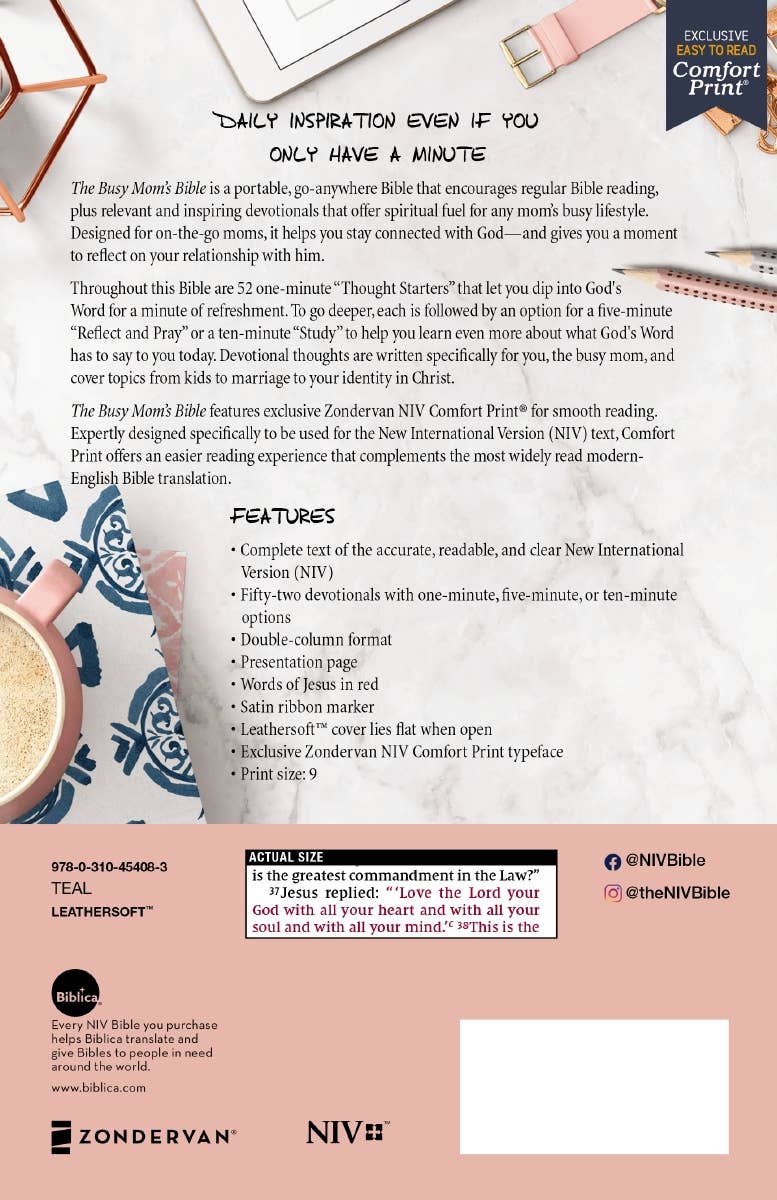 HarperCollins Christian Publishing - Wholesale Religion - NIV The Busy Mom's Bible, Leathersoft, Teal, Red Letter12
