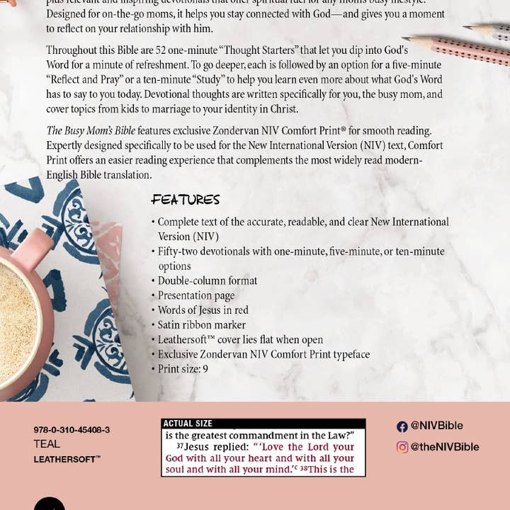 HarperCollins Christian Publishing - Wholesale Religion - NIV The Busy Mom's Bible, Leathersoft, Teal, Red Letter12