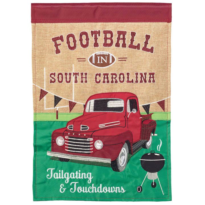 π² FOOTBALL IN SC GARNET&BLK FLAG BURLAP for wholesale by Dicksons