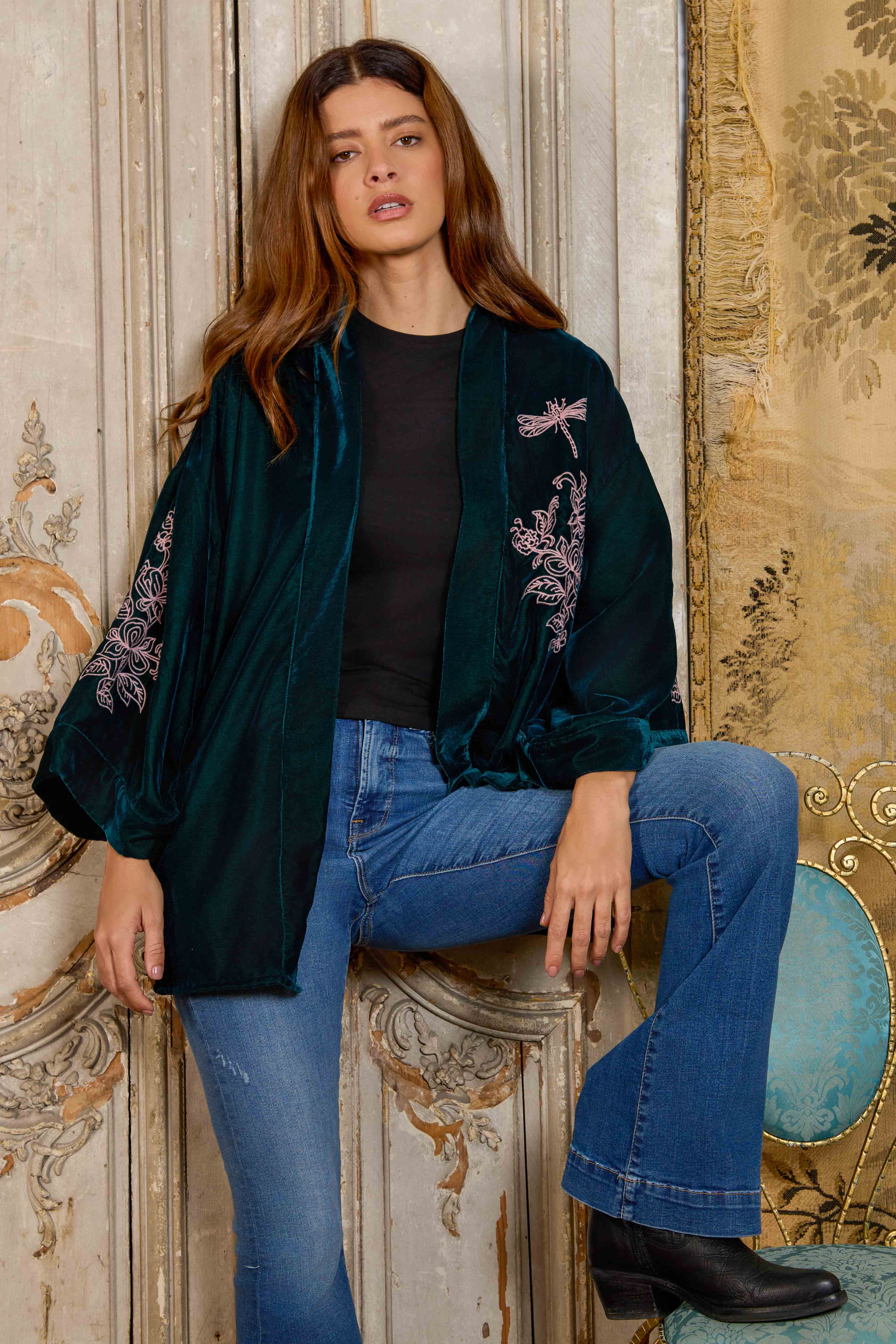 Artemis Muse - Wholesale Kimono - Women's - Wild Flowers & Butterflies Teal & Pink Velvet Embroidered Short Kimono3