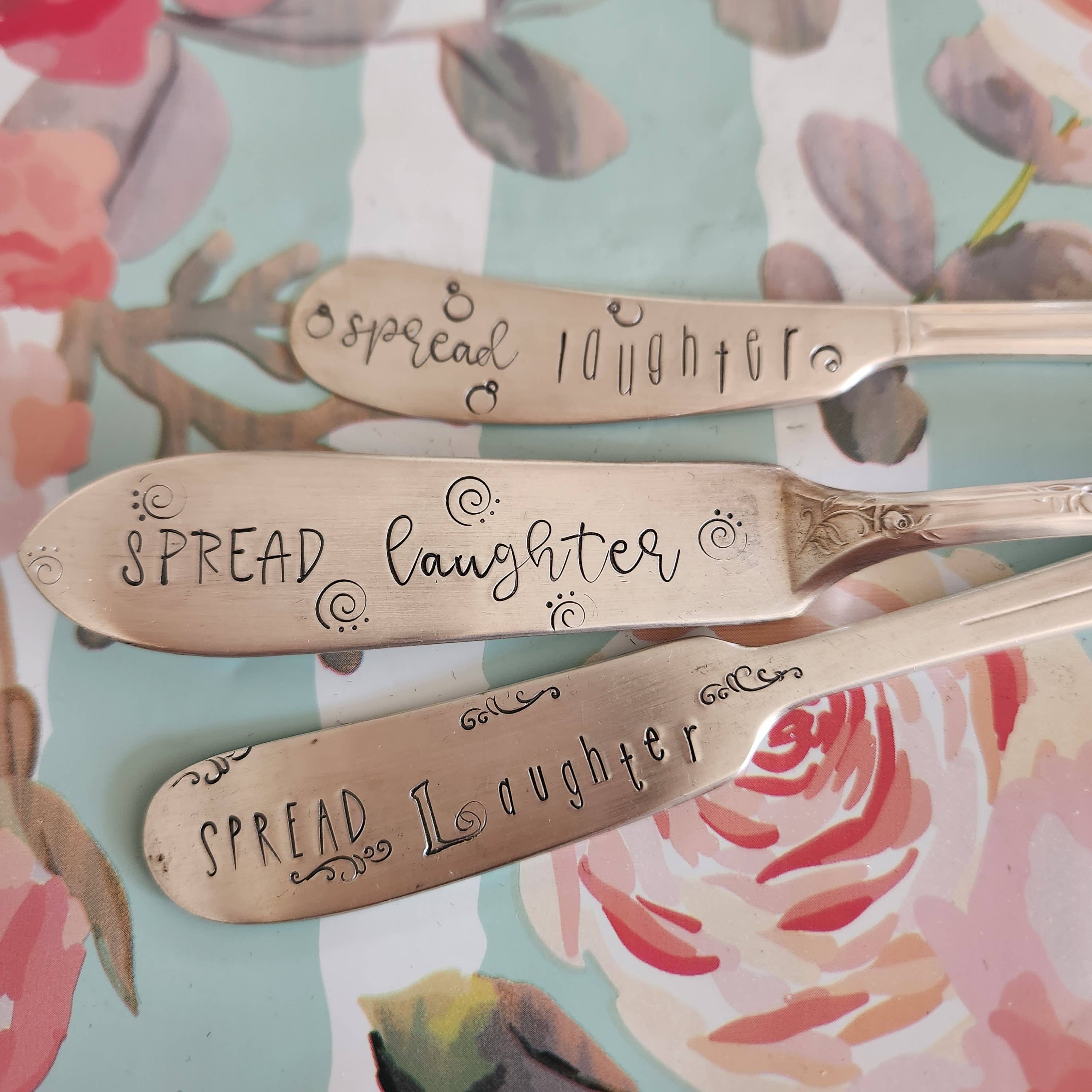 juNxtaposition® - Wholesale Cheese Spreader - SPREAD LAUGHTER hand stamped charcuterie knife spreader2