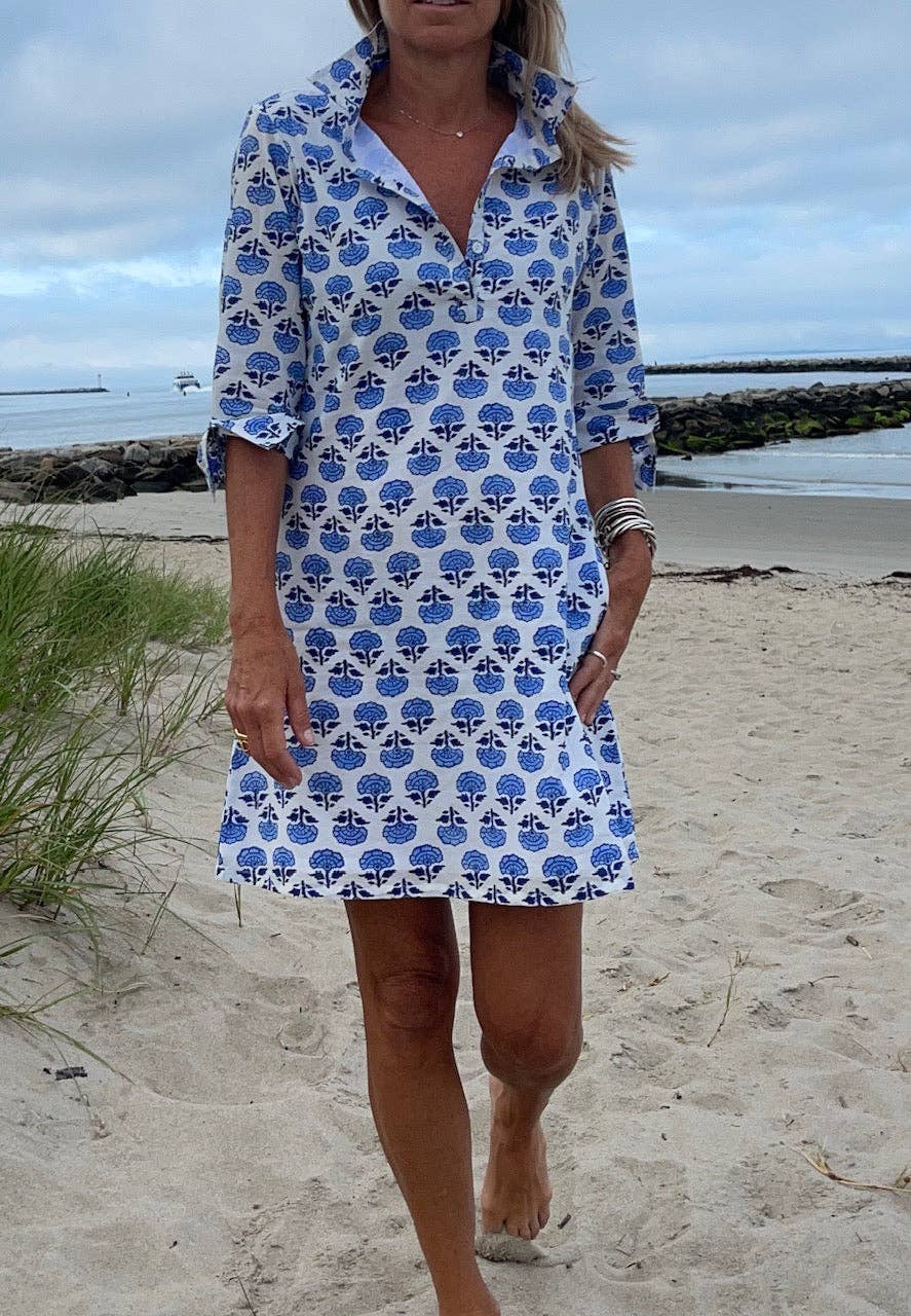 Pink Pineapple - Wholesale Dress - Women's - Sconset Block Print 3/4 Sleeve Dress (Blue)2