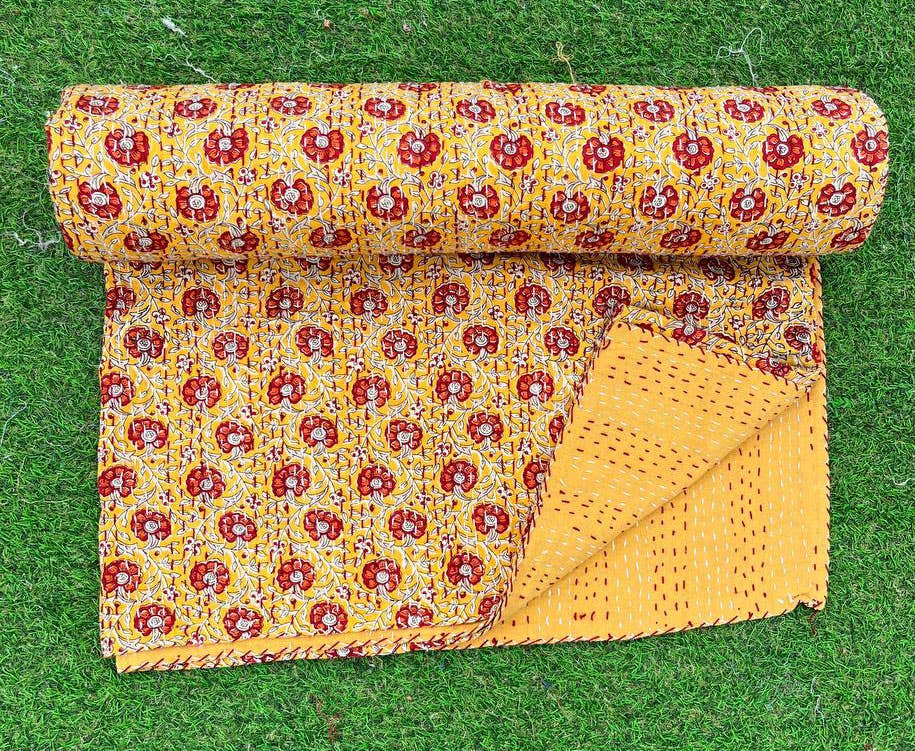 bhavnas boutique - Wholesale Quilt - Yellow Floral Print Kantha Quilt Queen Size Bedspreads Throw5