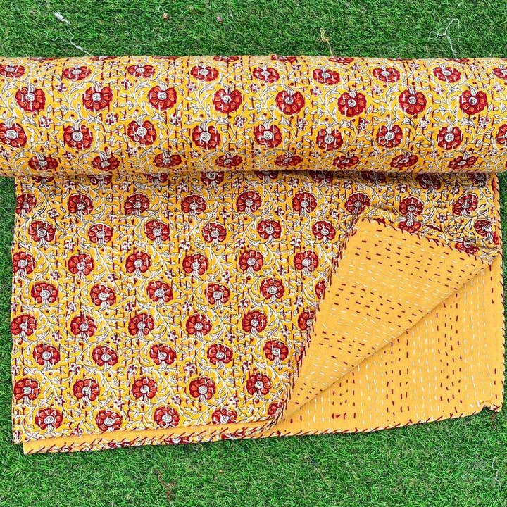 bhavnas boutique - Wholesale Quilt - Yellow Floral Print Kantha Quilt Queen Size Bedspreads Throw5