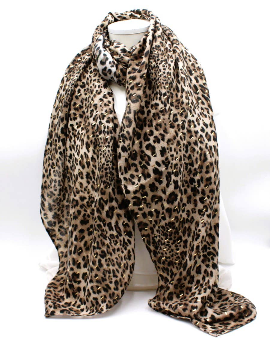 Reference Mode – Engroshandel Tørklæde - Dame – Leopardmønstret tørklæde med gylden lurex1