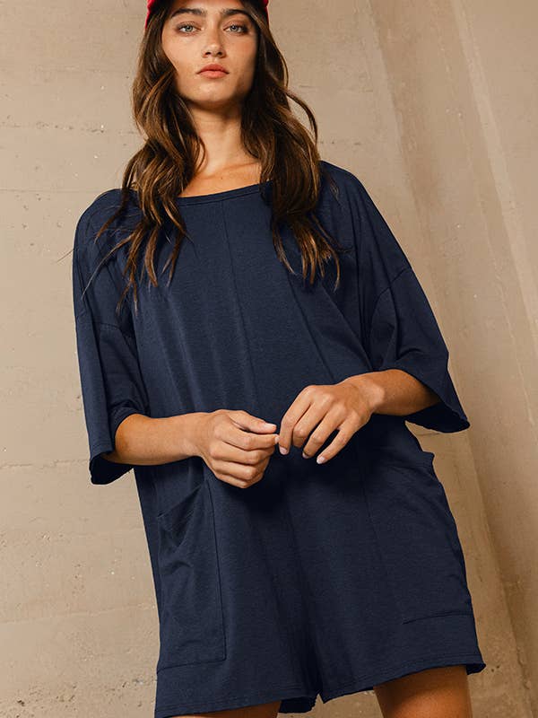 BUCKETLIST - Wholesale Romper - Women's - R5388 Crew Neckline V-back Oversized Solid Romper6