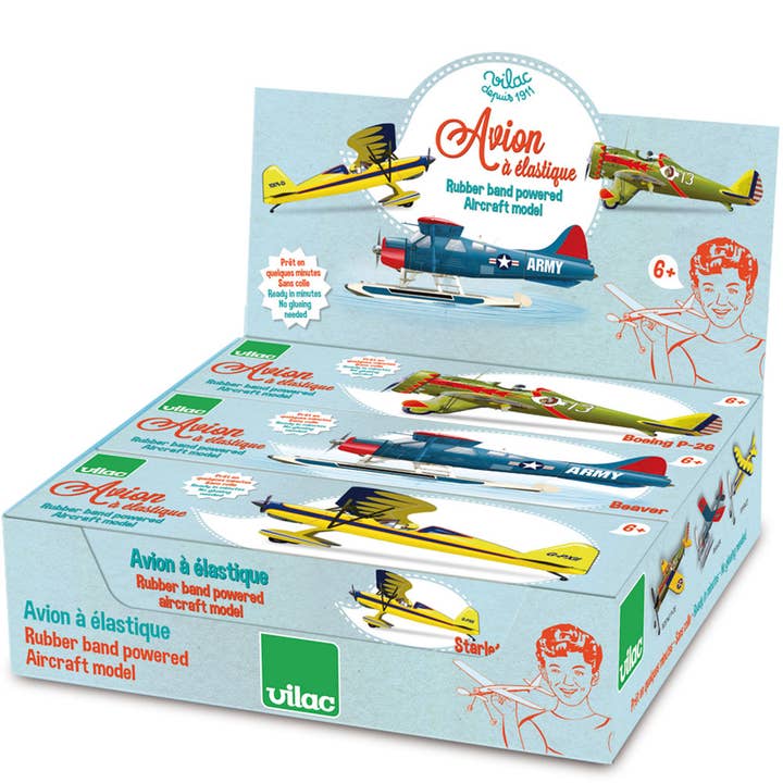 Vilac - Anzeige von 6 Gummiband-Flugzeugen für den Großhandel von Hippychick
