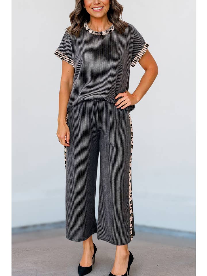 As shown Leopard Patchwork T Shirt and Pants Set | S-XL for wholesale on Faire