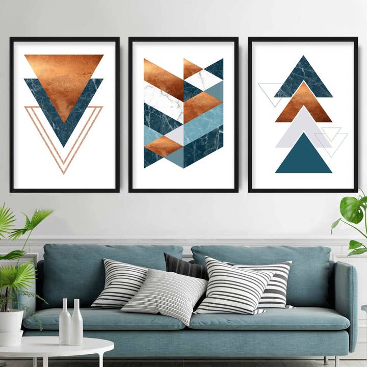 Set of 3 Teal Blue Orange and Gold Art Prints Triangles for wholesale by Artze Wall Art