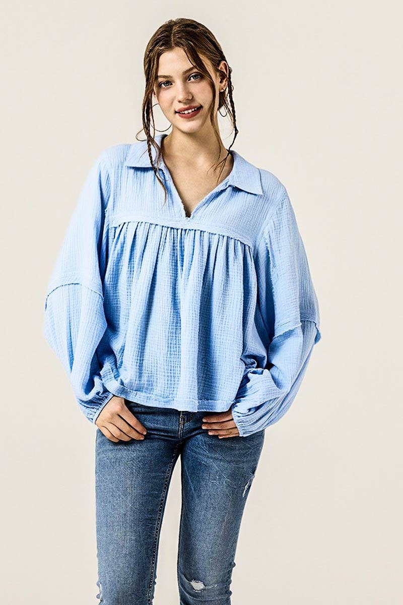 noflik - Wholesale Blouse - Women's - Plus  Bubble Slv Cotton gauze Babydoll Blouse- INT1070P_11