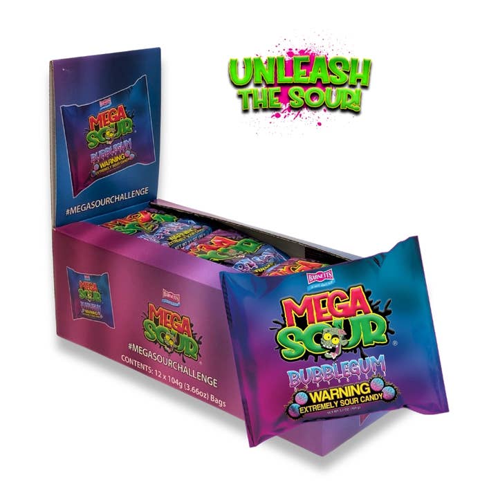 Barnetts Display #MegaSourChallenge Bubblegum 12x104g for wholesale by CargoPirate