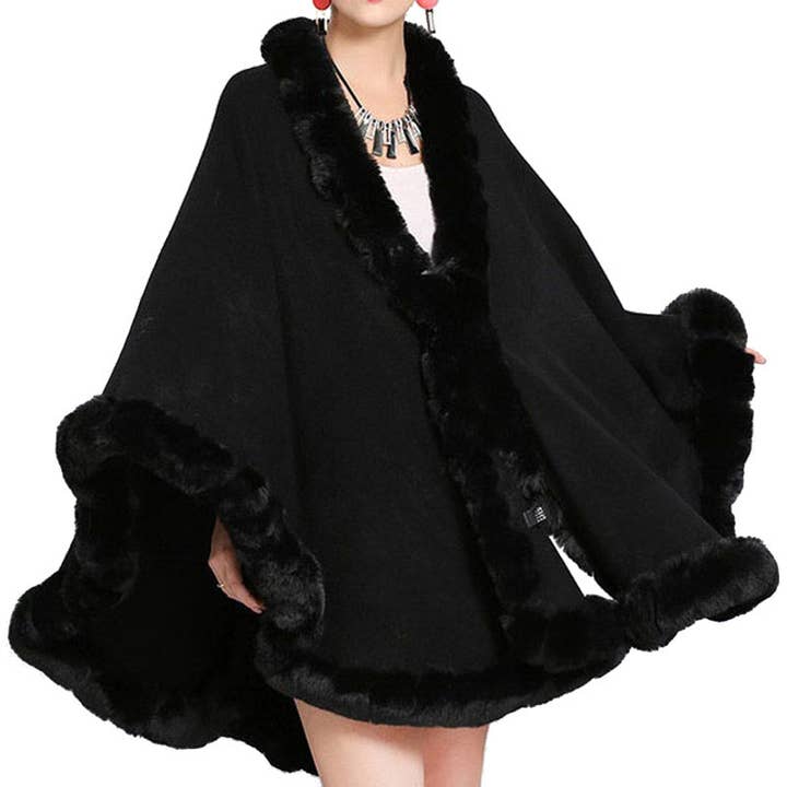 Elegant Faux Fur Trim Knit Poncho Ruana Cape for wholesale by Madeline Love