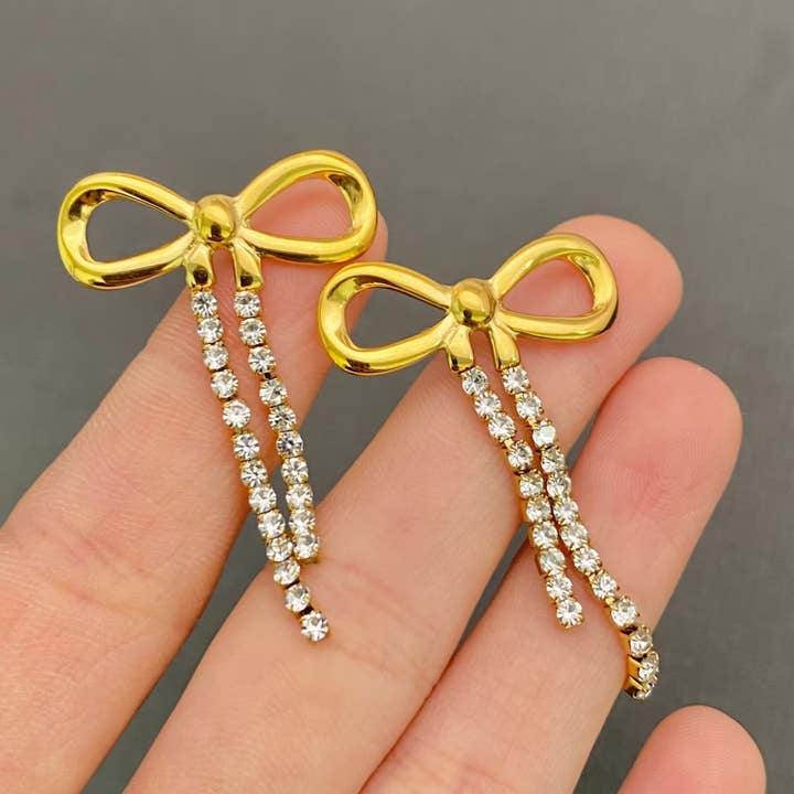 CZ Fringe 18K Gold Plated S.Steel Bow Post Earrings - FGS for wholesale by Mio Queena
