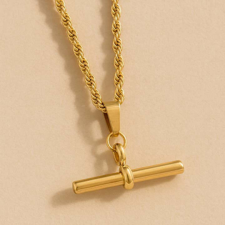 T Bar Pendant Necklace Rope Twist Chain 18k Gold Waterproof for wholesale by Gold Lunar