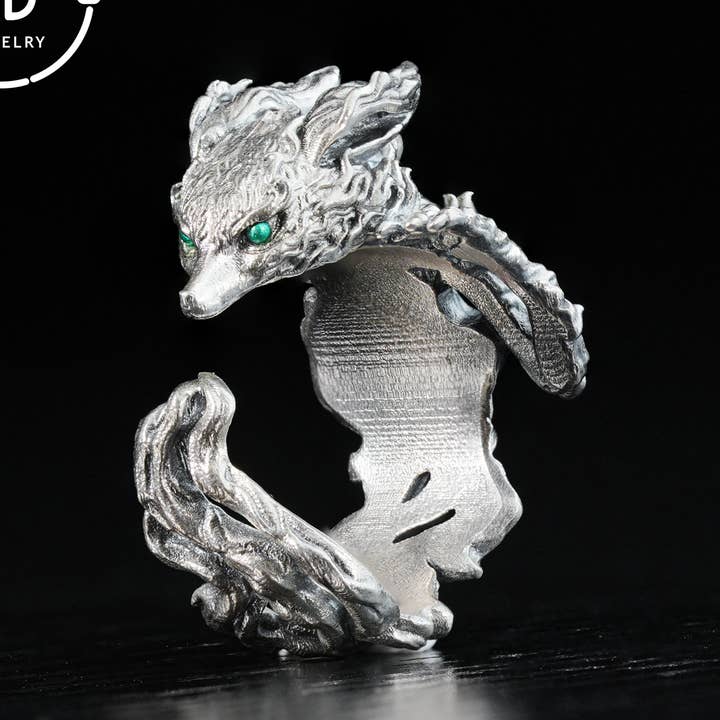 Fox Ring 925 Silver Adjustable Green Zircon Gothic Totem Style Animal Jewelry Gift for Men Women Fantasy Accessory Nature Inspired for wholesale by idjewelry