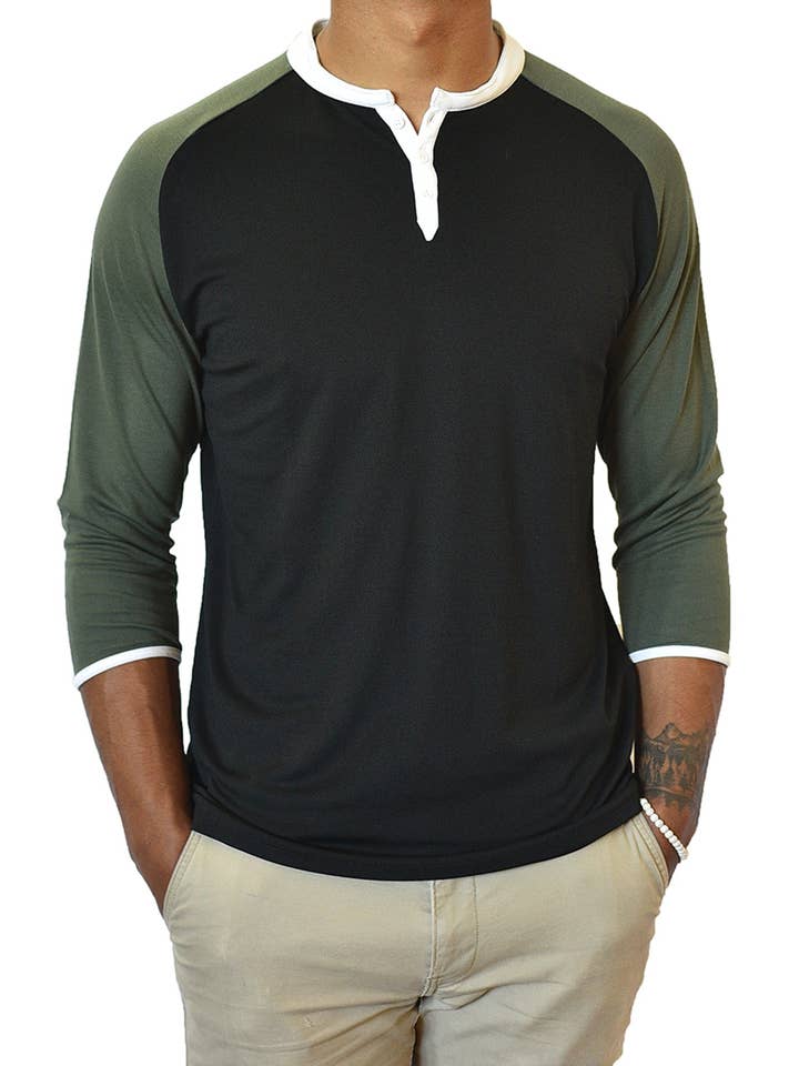 ¾ ærme Henley (sort & mørkegrøn) for engroshandel hos SpearPoint Apparel