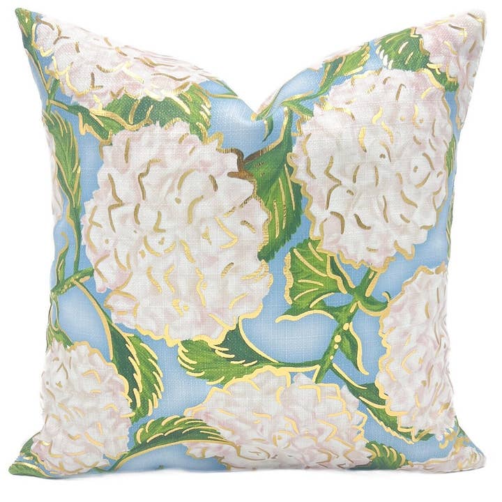 Gold Foil White Hydrangeas Pillow for wholesale by Rachel Brooks Design, LLC