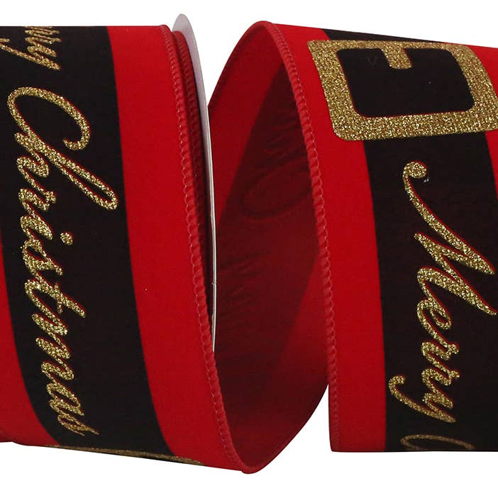 Merry Christmas Santa Belt Velvet Wired Edge, Red, 2-1/2 In for wholesale by RELIANT RIBBON