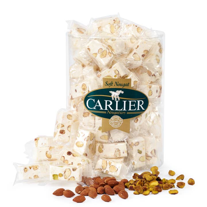 Belgium's Chocolate Source - Wholesale Nougat - Carlier Bulk Canister w. Individually Wrapped Nougat Pieces0