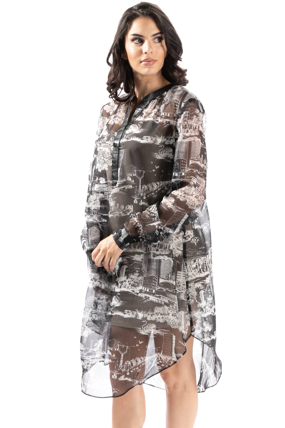 TOV – Engroshandel Tunika - Dame – [OP4162] Faux læder Trim Trykt Sheer Tunika12