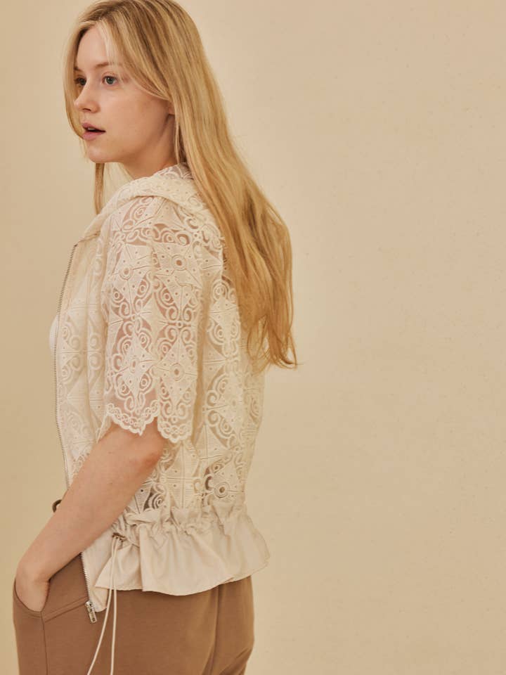 Ivory Zip Up Laced Short Sleeve Top with Hoodie for wholesale on Faire