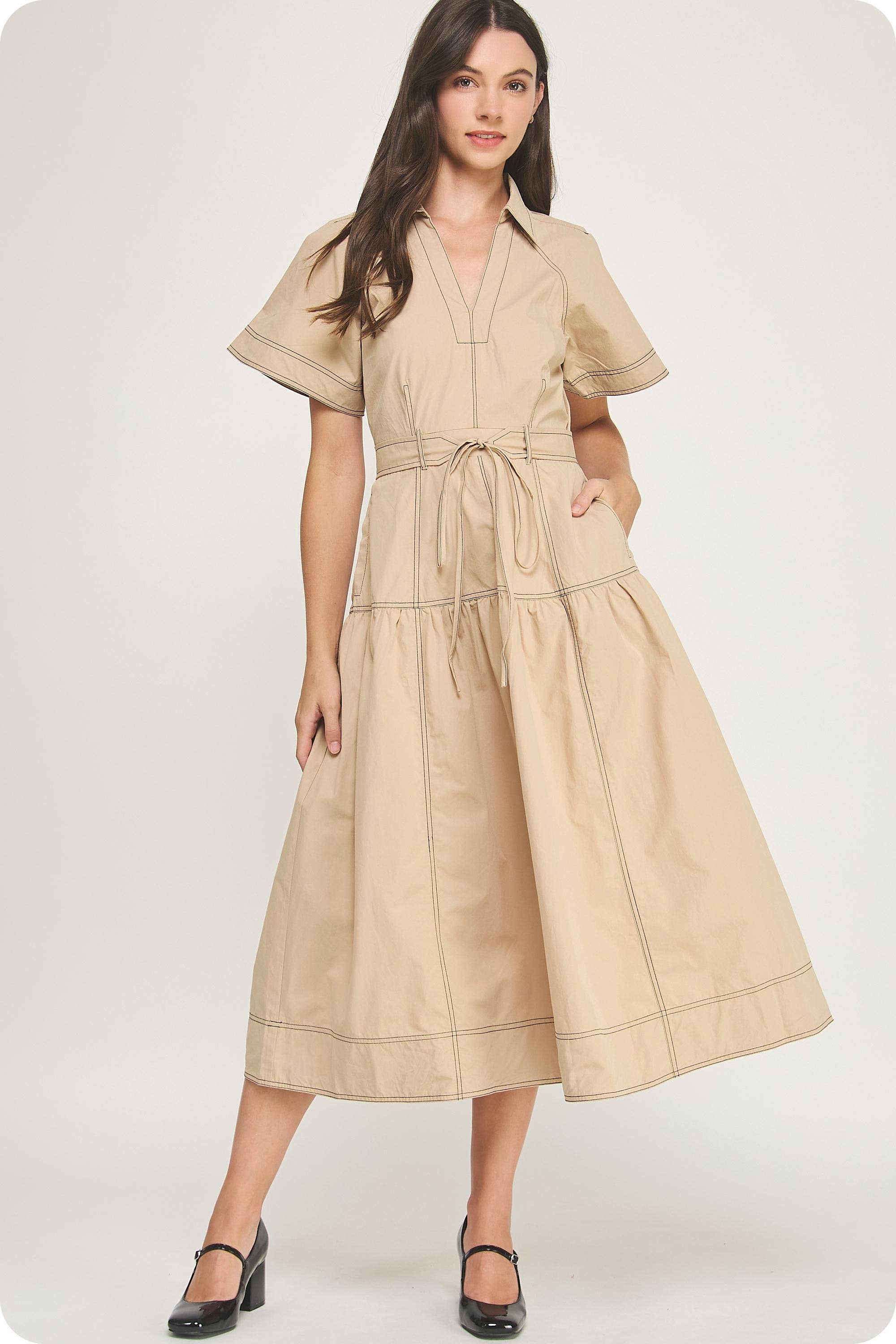 Strut & Bolt - Vente Robe – femme - Robe midi en popeline à col surpiqué15