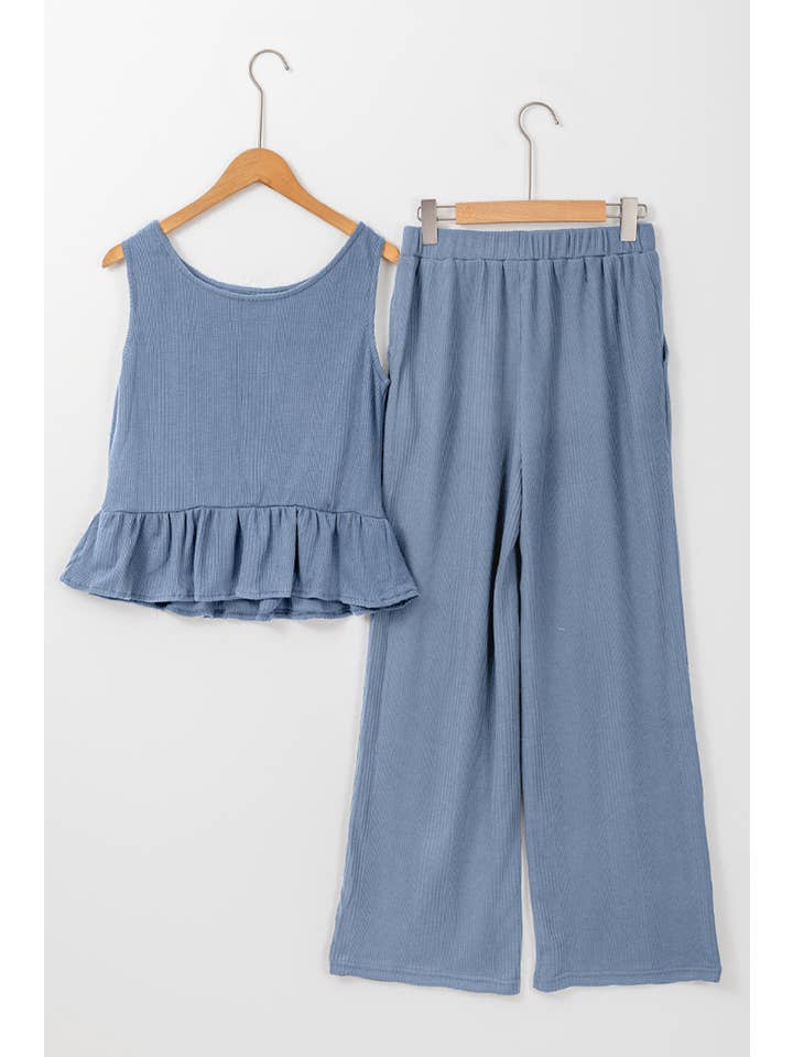 Beau Blue Solid Color Ribbed Ruffle Tank Top and Pants Set for wholesale on Faire