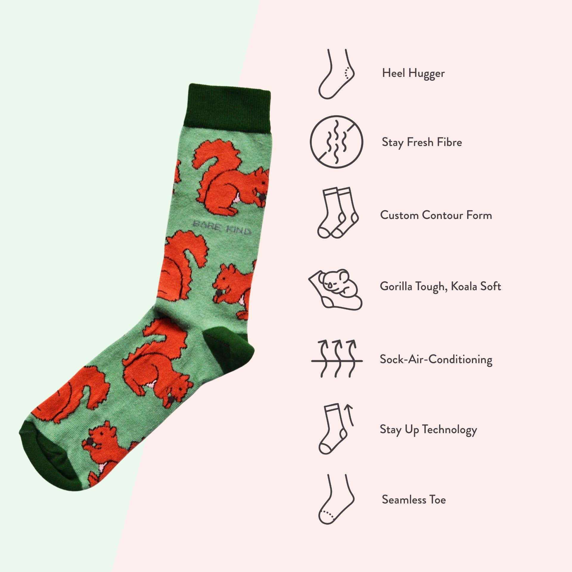 Bare Kind Socks – wholesale Socks – Unisex – Red Squirrel Socks | Bamboo Socks | Light Green Socks6