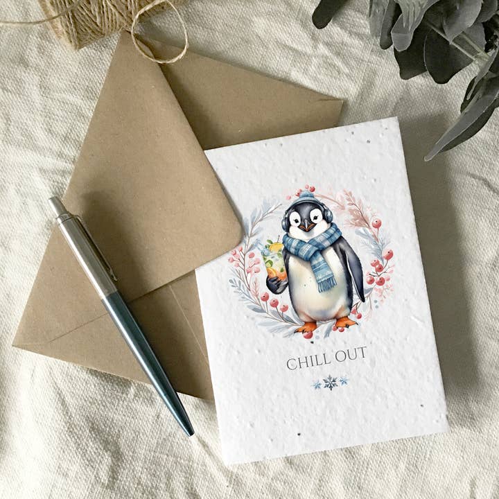 Chill out penguin Christmas card, plantable wildflower seed for wholesale by Wild Bloom Press
