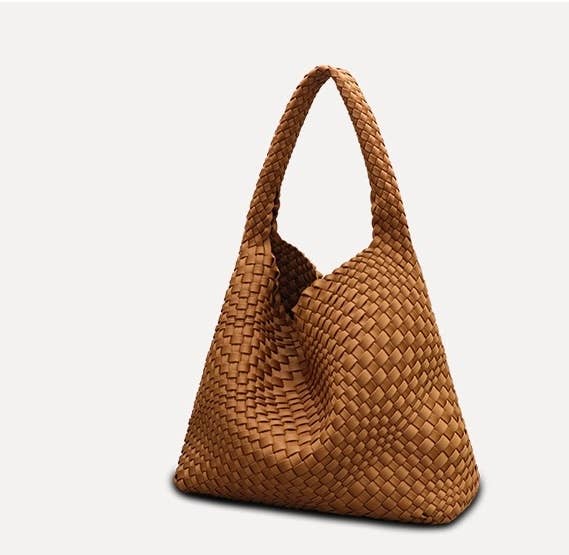 Sook Stainable – Großhandel Schultertasche – Damen – Mittelgroße Umhängetasche aus handgewebtem Neopren-Stoff und veganem Leder10