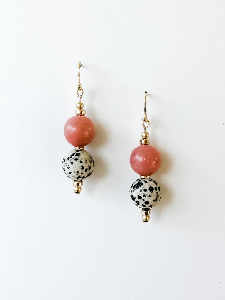 Lantern Double Drop | Natural Pink Opal & Matte Dalmatian Ja for wholesale by Aves + Brit | Handmade Midwest Modern Jewelry