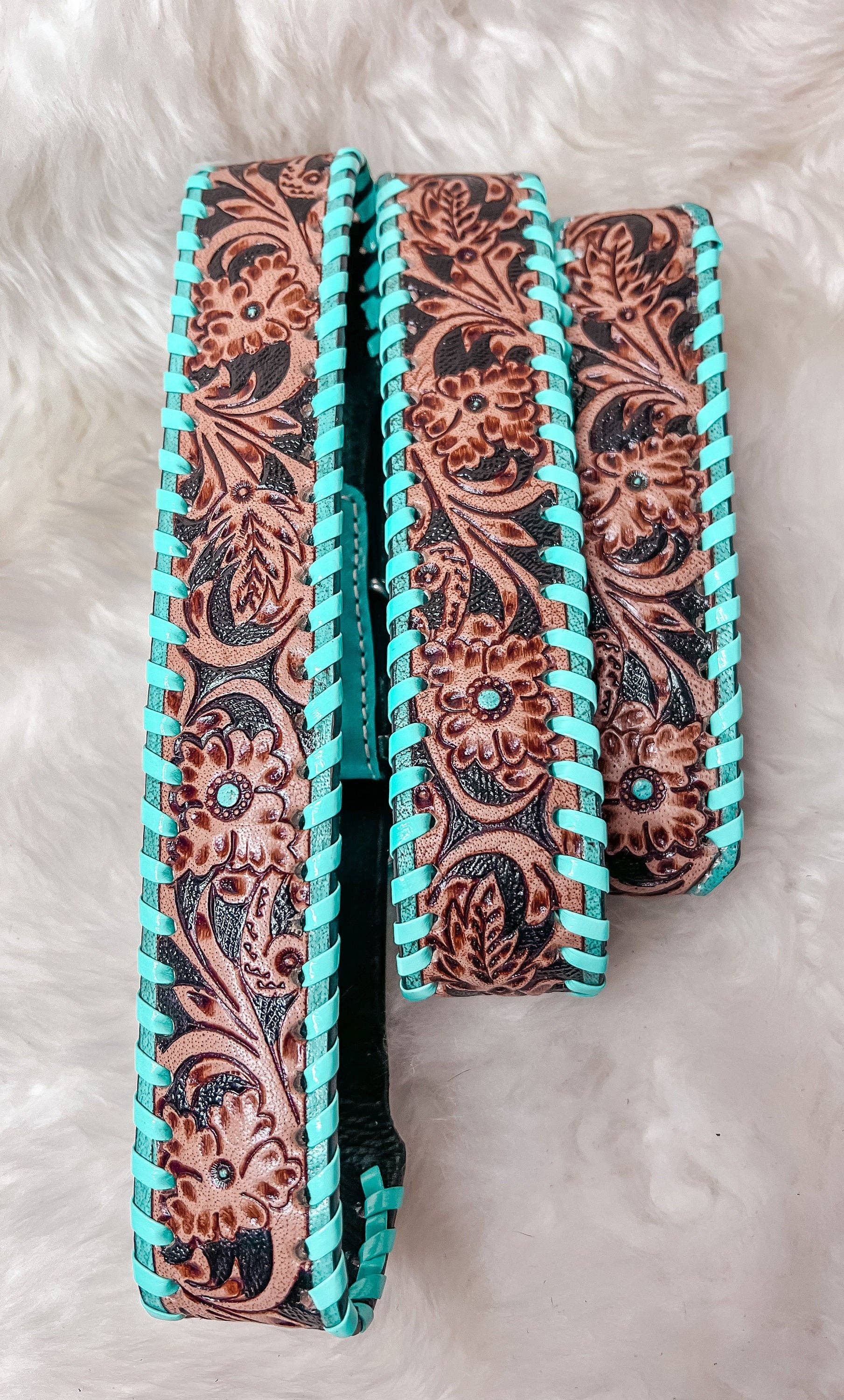 The Sterling Gypsy - Wholesale Pet Collar - Dog - Turquoise Tooled Leather Western style Dog Collar, Show Dog, Farm Dog, Cow Dog, Cattle Dog2