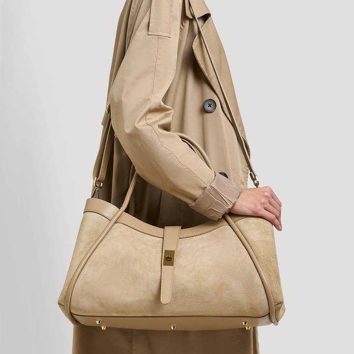 Prestige Milano - Wholesale Tote Bag - Women's - Borsa Mayfair in camoscio taupe e pelle Togo6