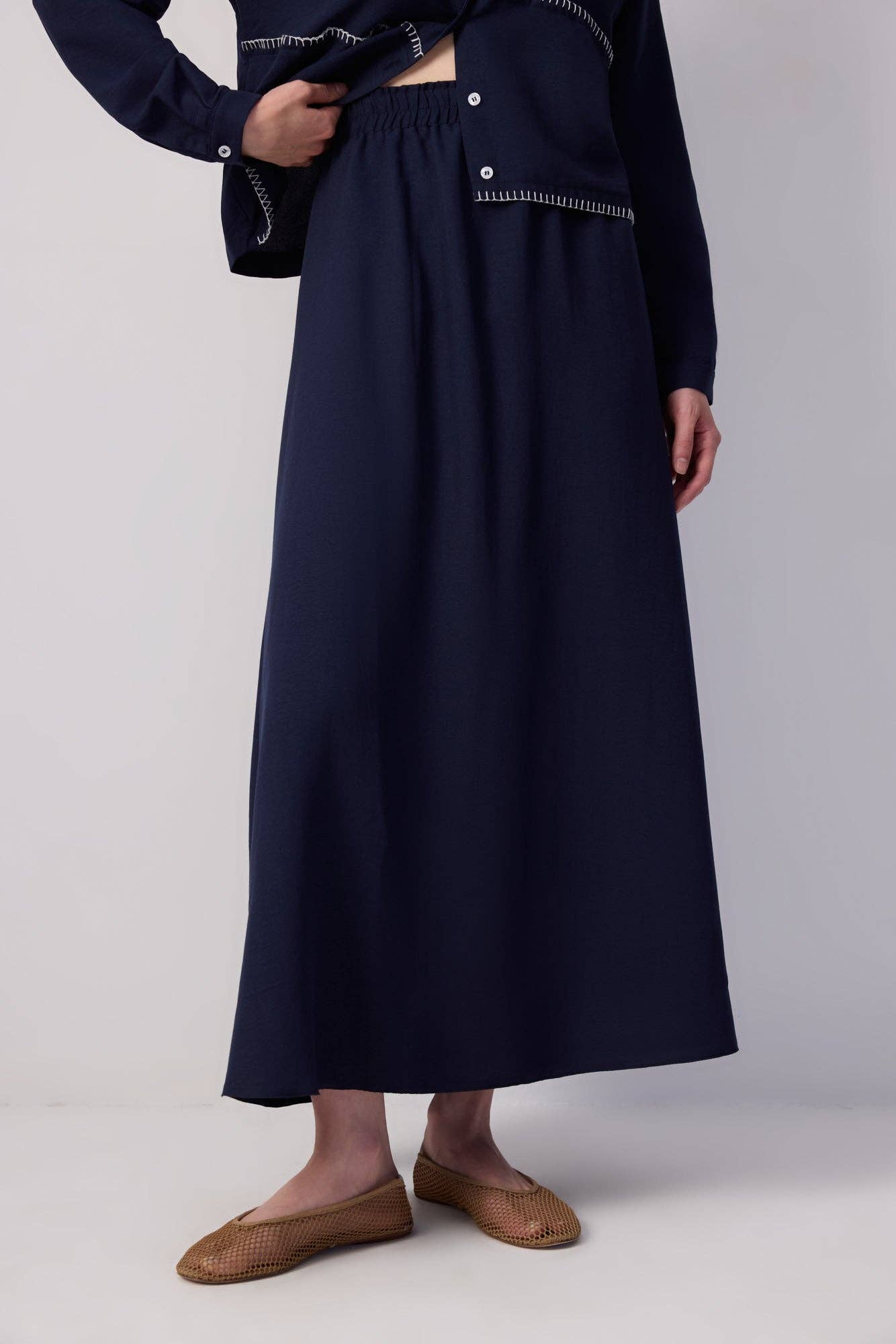 Navy Blue MODEST SHIRT & MAXI SKIRT SET WITH CONTRAST STITCHING for wholesale on Faire4