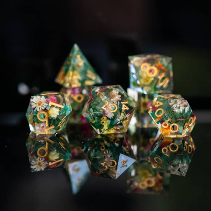 Botanical Gardens Sharp-Edged Resin Dice Set for wholesale by Misty Mountain Gaming